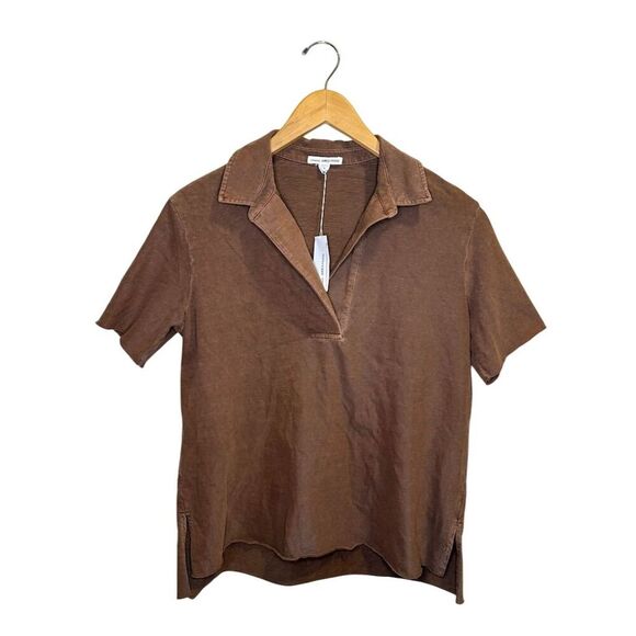 James Perse High Twist Jersey Oversized Polo Brown V-Neck Top NWT Size 0 XS - Picture 1 of 8